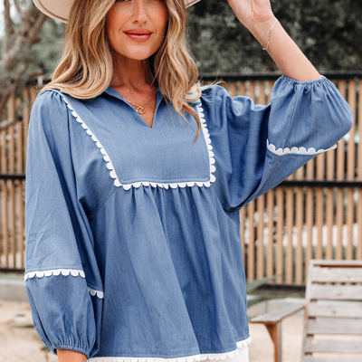 Nevaeh Lace Ric Rac 3/4 Puff Sleeve Collared Babydoll Blouse