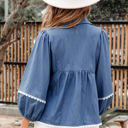  Nevaeh Lace Ric Rac 3/4 Puff Sleeve Collared Babydoll Blouse