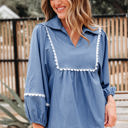  Nevaeh Lace Ric Rac 3/4 Puff Sleeve Collared Babydoll Blouse