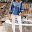  Nevaeh Lace Ric Rac 3/4 Puff Sleeve Collared Babydoll Blouse