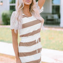  Nia Lace Crochet Short Sleeve Drawstring Striped Dress