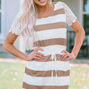  Nia Lace Crochet Short Sleeve Drawstring Striped Dress