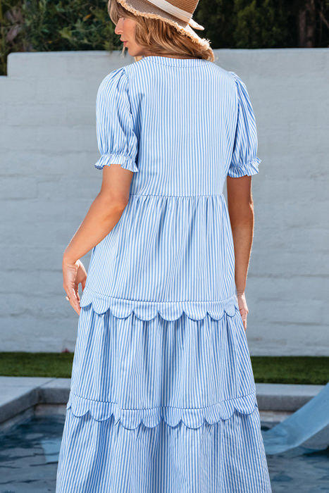 Noah Stripe Tiered Scallop Long Dress