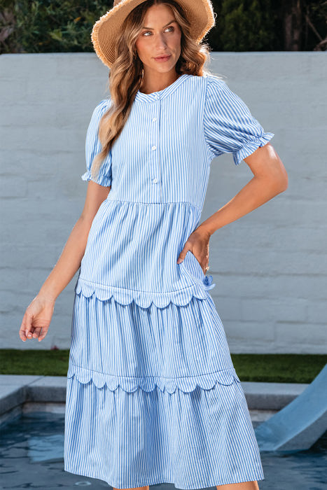 Noah Stripe Tiered Scallop Long Dress