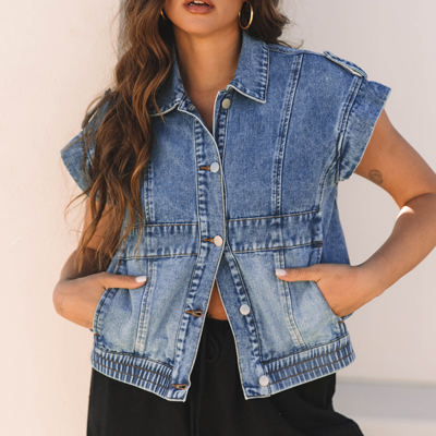 Nora Blue Acid Wash Elastic Hem Button Up Denim Vest