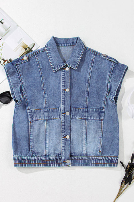 Nora Blue Acid Wash Elastic Hem Button Up Denim Vest