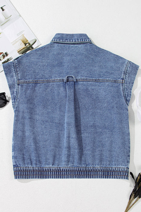 Nora Blue Acid Wash Elastic Hem Button Up Denim Vest