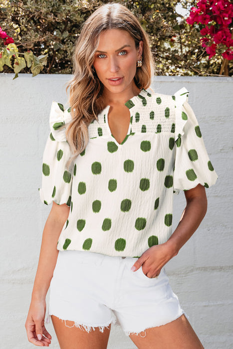 Nylah Polka Dot Shirred Yoke Blouse