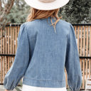  Oakley Tied Front Long Puff Sleeve Denim Top