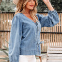  Oakley Tied Front Long Puff Sleeve Denim Top