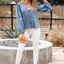  Oakley Tied Front Long Puff Sleeve Denim Top