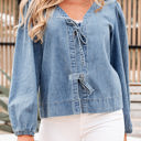  Oakley Tied Front Long Puff Sleeve Denim Top