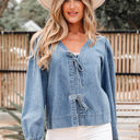 Dusk Blue XL Oakley Tied Front Long Puff Sleeve Denim Top