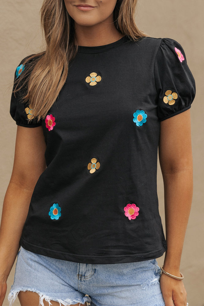 Oaklyn Embroidered Flower Short Puff Sleeve Tee