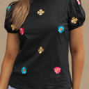  Oaklyn Embroidered Flower Short Puff Sleeve Tee