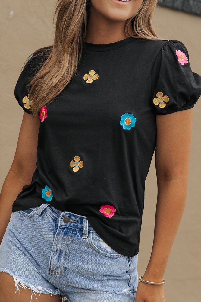 Oaklyn Embroidered Flower Short Puff Sleeve Tee