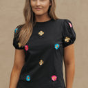 Black Large Oaklyn Embroidered Flower Short Puff Sleeve Tee