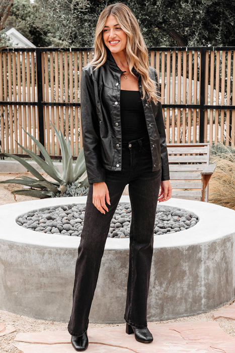 Olive Faux Leather Buttoned Front Boxy Jacket