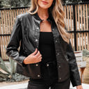 Black Small Olive Faux Leather Buttoned Front Boxy Jacket
