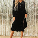  Olivia Velvet Buttoned Puff Sleeve V Neck Split Midi Dress