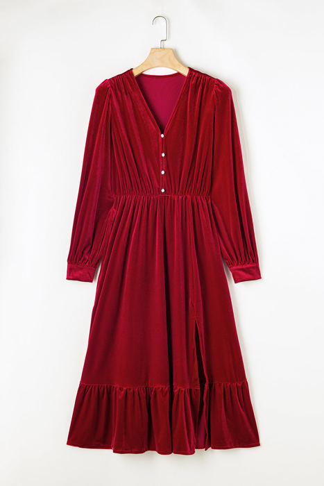 Olivia Velvet Buttoned Puff Sleeve V Neck Split Midi Dress