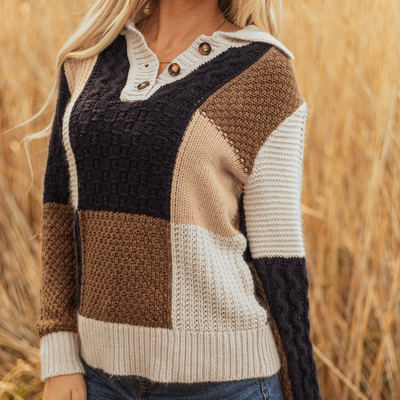Paige Cable Knit Sleeve Buttons Collared Sweater