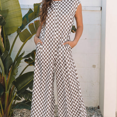 Paisley Checkered Buttoned Crew Neck Wide Leg Jumpsuit
