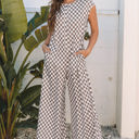  Paisley Checkered Buttoned Crew Neck Wide Leg Jumpsuit