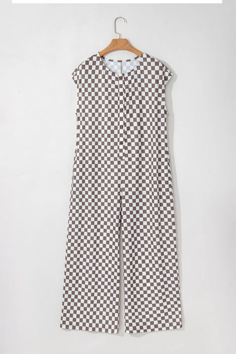 Paisley Checkered Buttoned Crew Neck Wide Leg Jumpsuit
