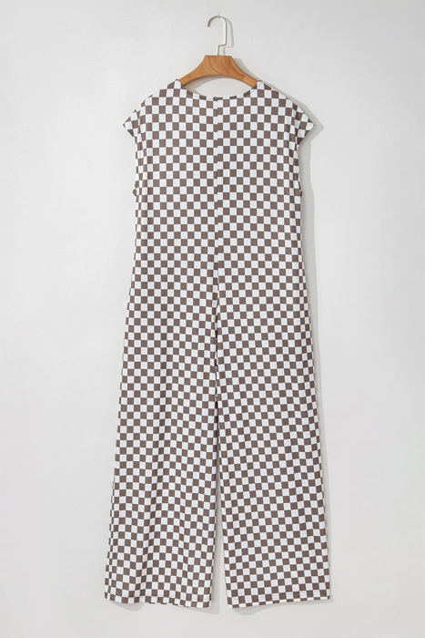 Paisley Checkered Buttoned Crew Neck Wide Leg Jumpsuit