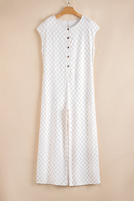 Paisley Checkered Buttoned Crew Neck Wide Leg Jumpsuit