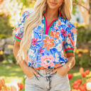 Sky Blue XL Paloma Floral Puff Sleeve Split Neck Blouse