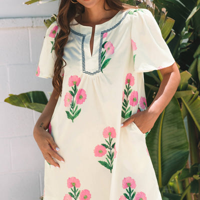 Paloma Floral Short Sleeve Split Neck Loose Mini Dress