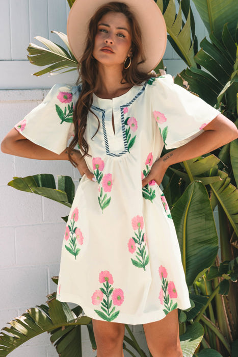 Paloma Floral Short Sleeve Split Neck Loose Mini Dress