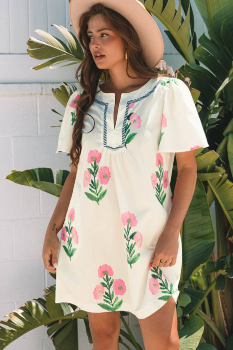 Paloma Floral Short Sleeve Split Neck Loose Mini Dress