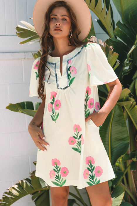 Paloma Floral Short Sleeve Split Neck Loose Mini Dress