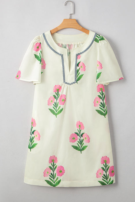 Paloma Floral Short Sleeve Split Neck Loose Mini Dress