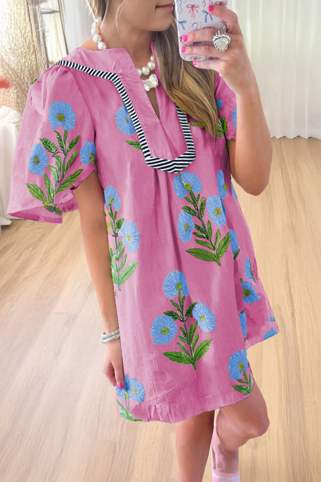 Paloma Floral Short Sleeve Split Neck Loose Mini Dress