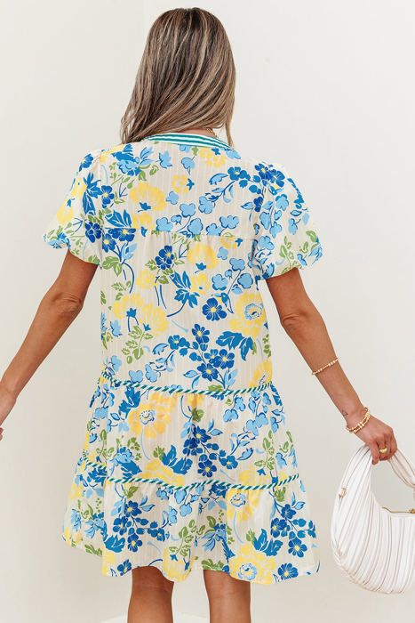 Payton Floral Striped Trim Puff Short Sleeve Dress