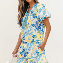  Payton Floral Striped Trim Puff Short Sleeve Dress