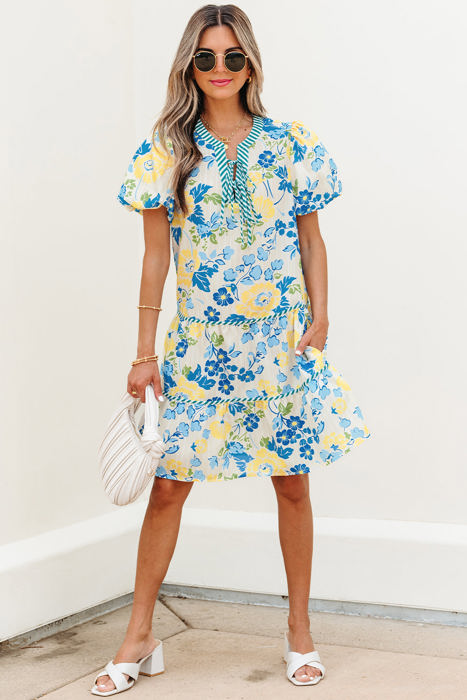 Payton Floral Striped Trim Puff Short Sleeve Dress