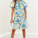  Payton Floral Striped Trim Puff Short Sleeve Dress