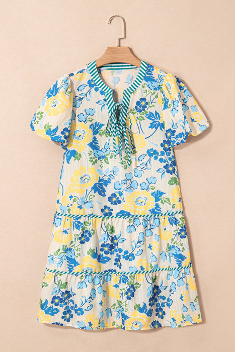 Payton Floral Striped Trim Puff Short Sleeve Dress