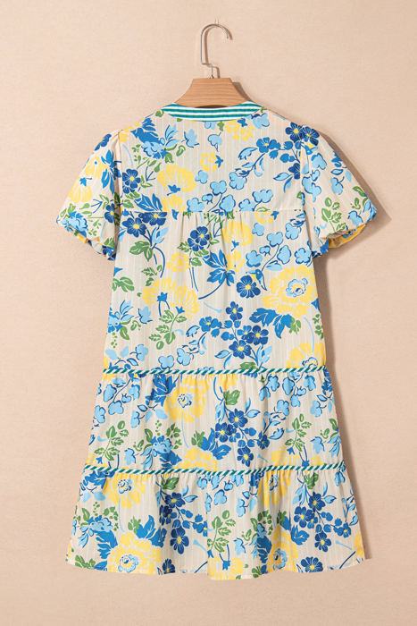 Payton Floral Striped Trim Puff Short Sleeve Dress