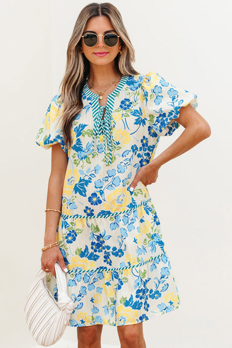 Payton Floral Striped Trim Puff Short Sleeve Dress