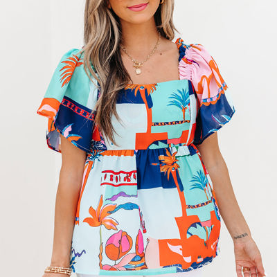Payton Tropical Flutter Sleeve Babydoll Blouse