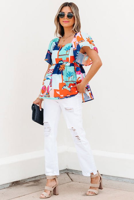 Payton Tropical Flutter Sleeve Babydoll Blouse