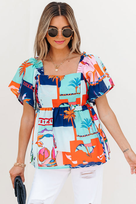 Payton Tropical Flutter Sleeve Babydoll Blouse