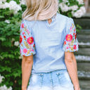  Pearl Gingham Floral Embroidered Puff Sleeve Blouse