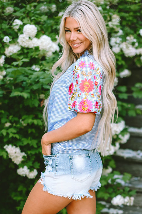 Pearl Gingham Floral Embroidered Puff Sleeve Blouse